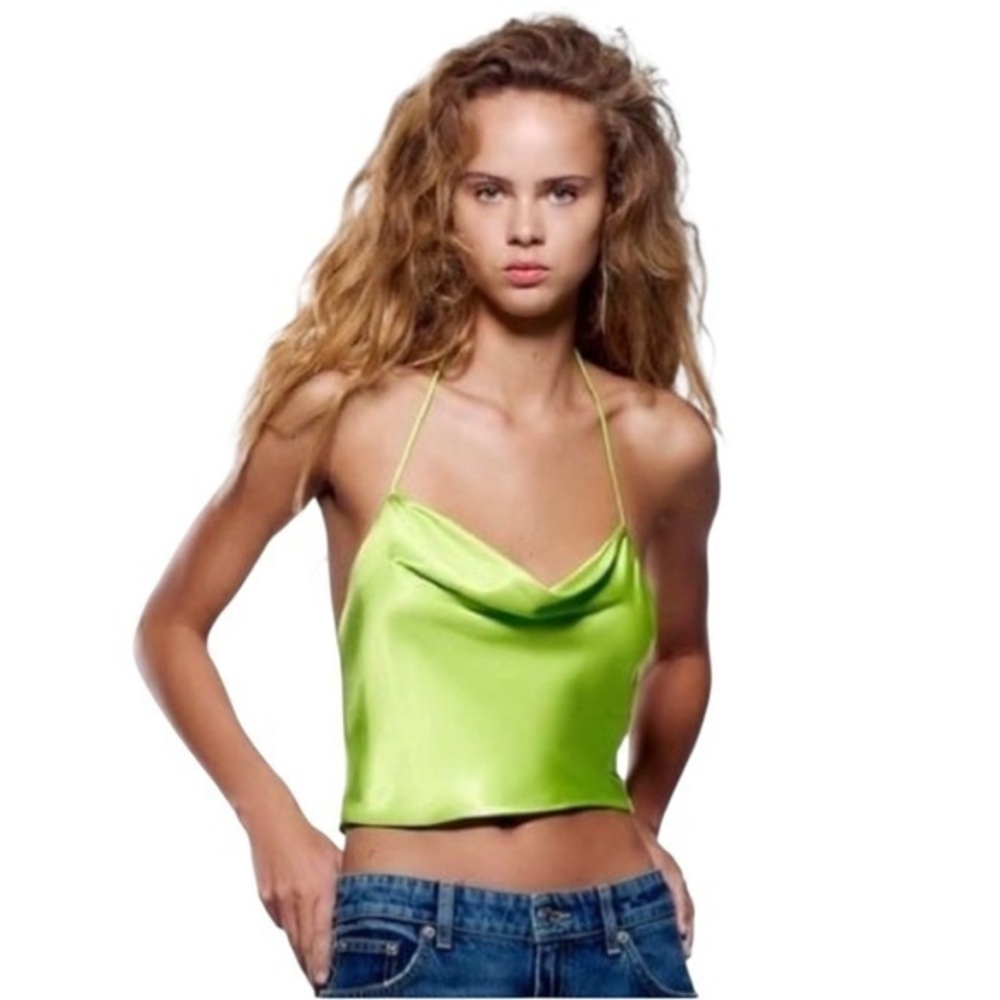 ZARA: Satin Effect Lime Green Crop Halter Top Size Small